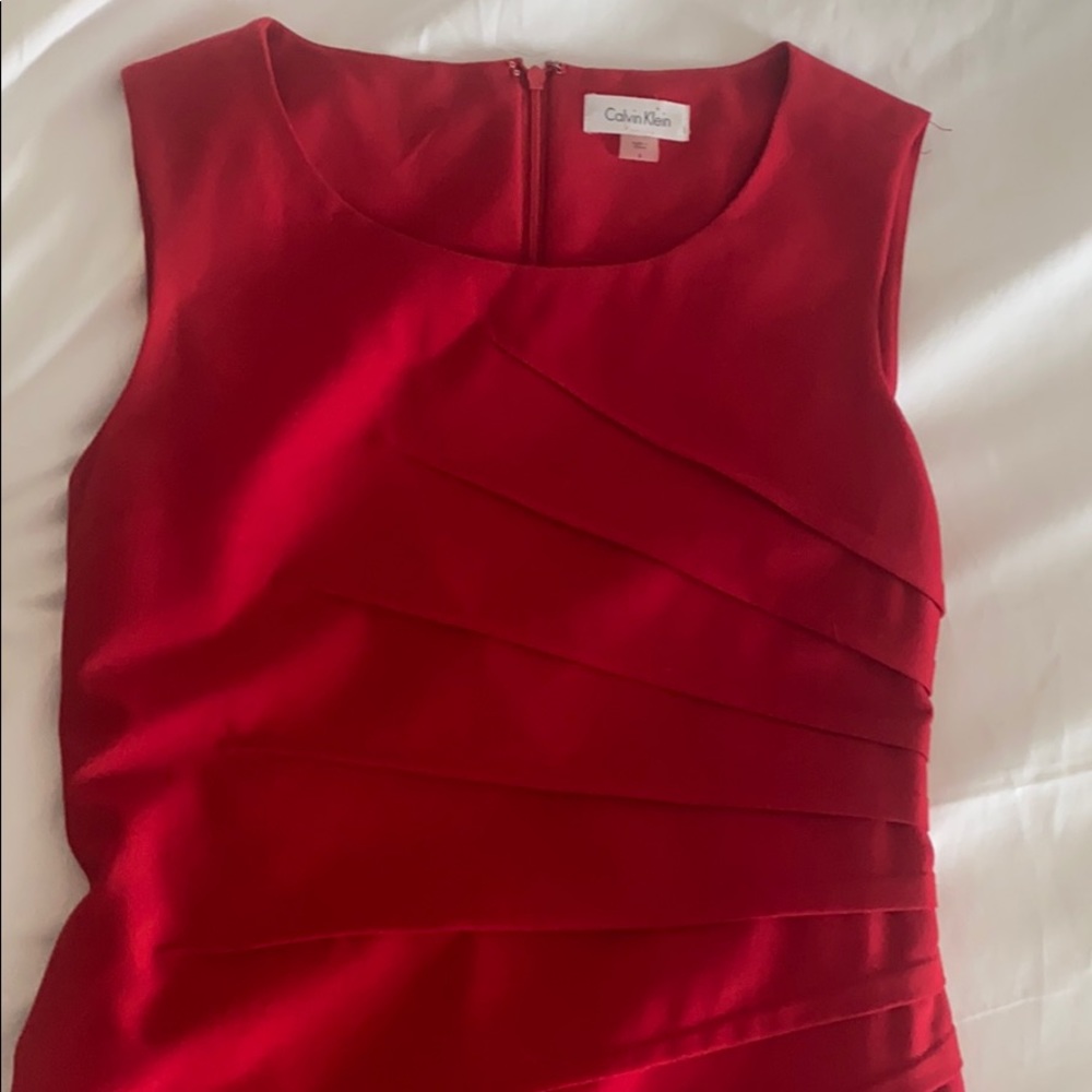 Red Calvin Klein Crew Neck Dress with Pleat Design